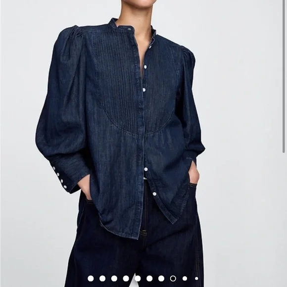 GAP Blue Button Down Shirt with Mandarin Collar and 3/4 Sleeves - Picture 1 of 10